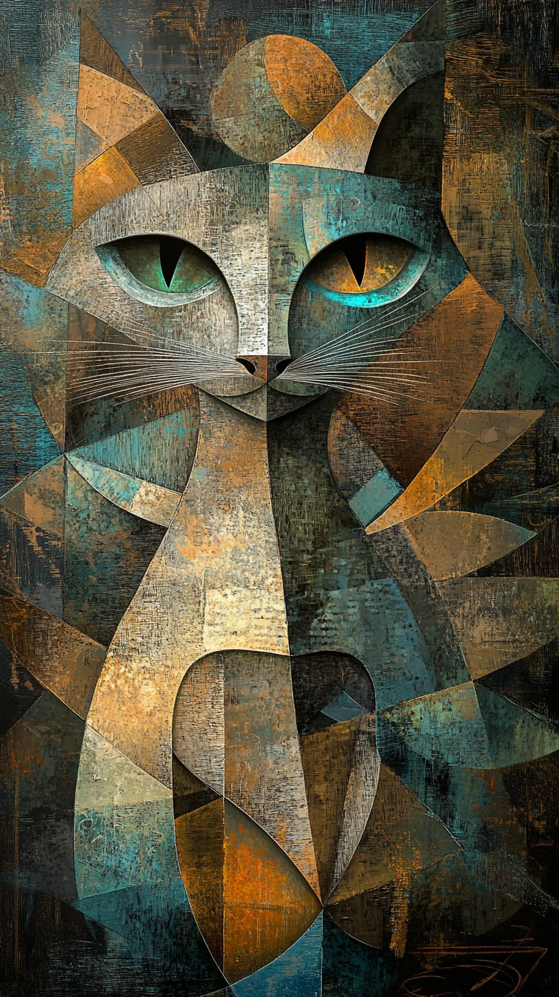 Retrato surrealista cubista de gato en formas geométricas fragmentadas