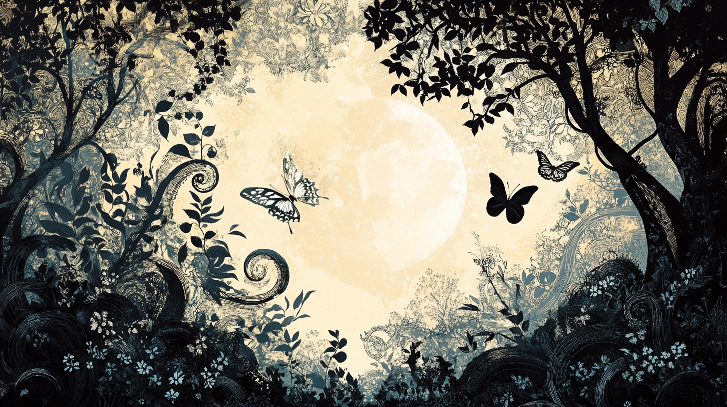 Papillon dans une forêt fantastique magique yin et yang