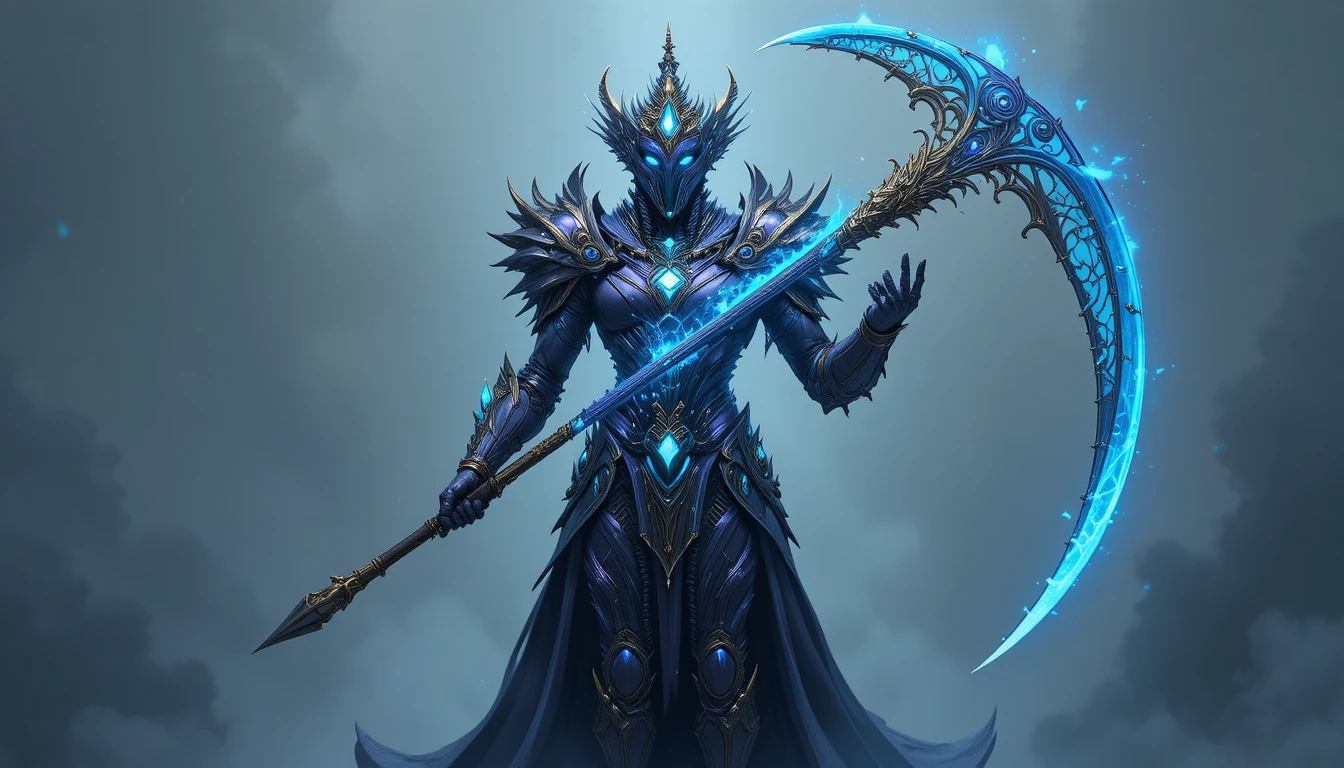 Humanoïde majestueux en armure avec faux lumineuse et coiffe