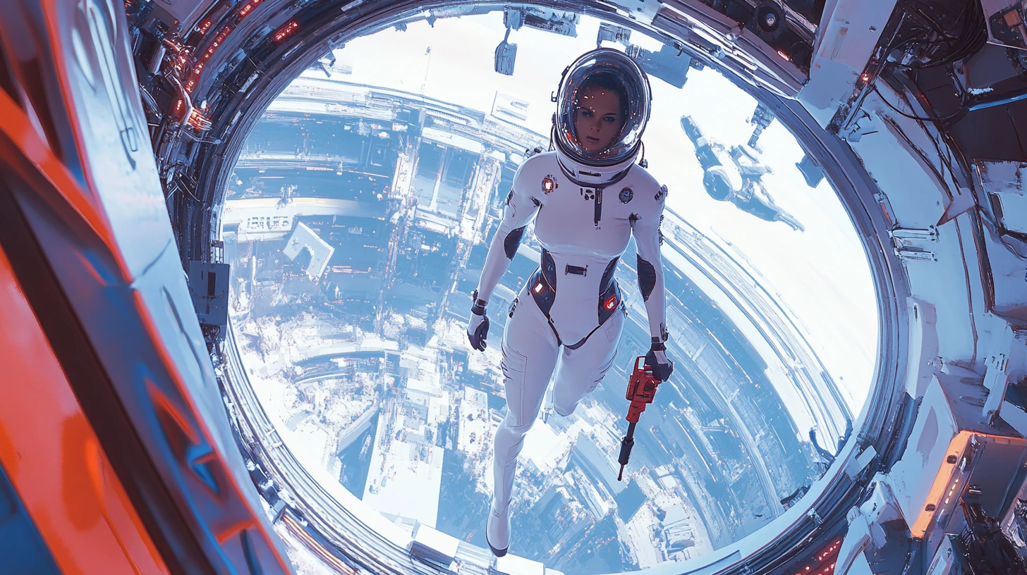 Weibliche Astronautin schwebt in einer belebten Retro-Raumstation