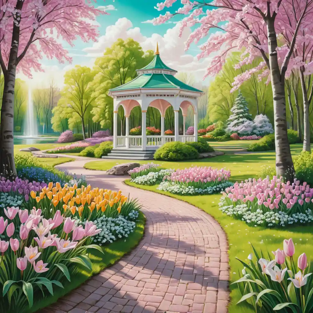 Spring park path with pavilion and blooming flowers