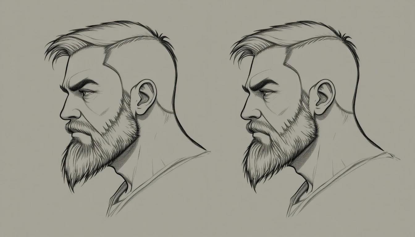 Homem barbudo severo em perfis espelhados em desenho linear