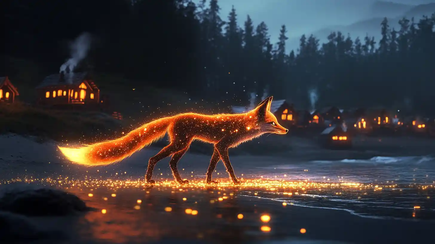 Glowing Fox Walking Along A Starlit Shoreline