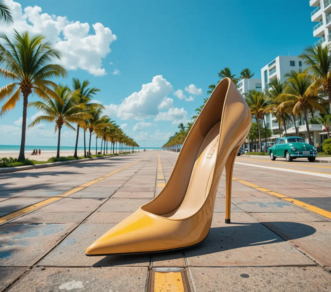 Beiger Stilettoabsatz auf sonniger, von Palmen gesäumter Stadtstraße
