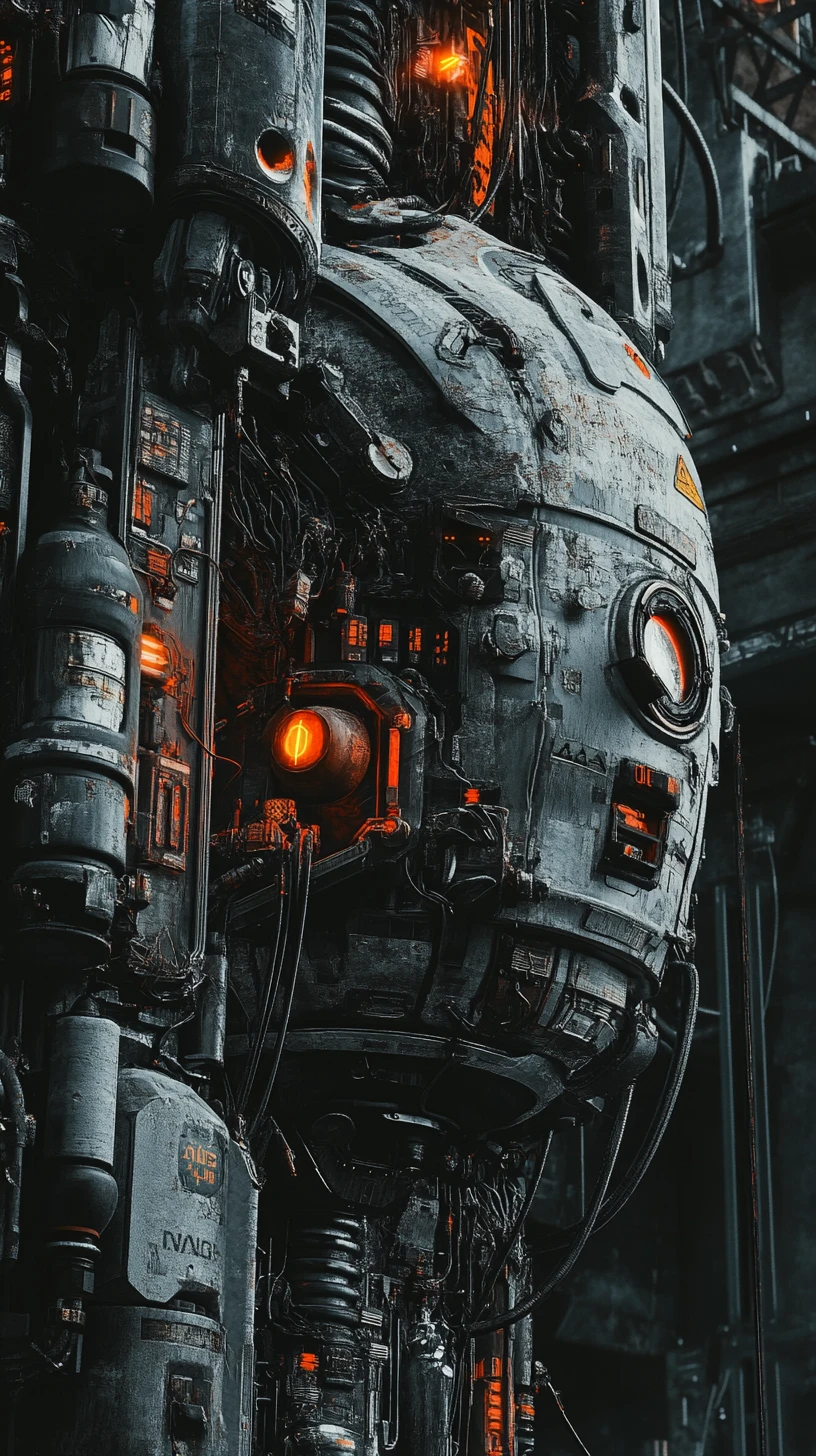 Cena biomecânica cyberpunk cinematográfica com cabos e fios neurais