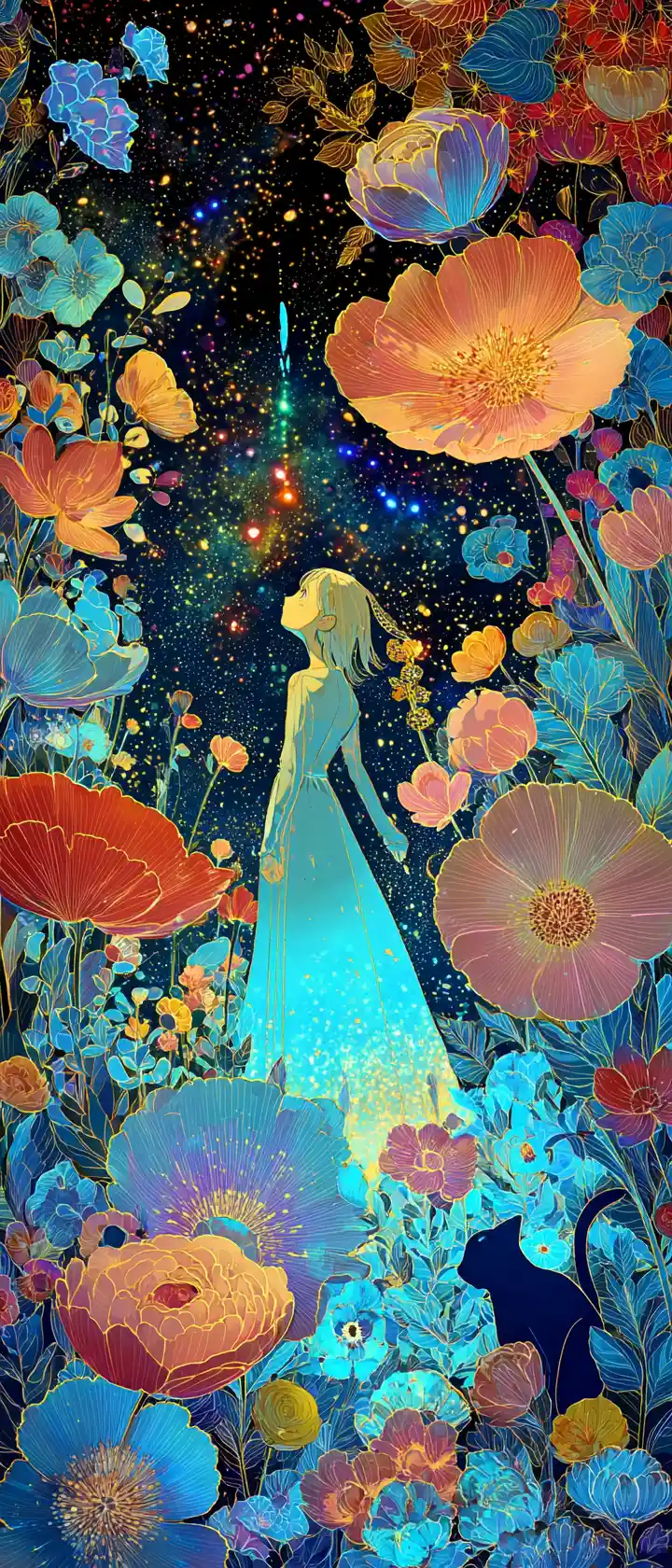 纖細的動漫少女漂浮在超現實宇宙花海中