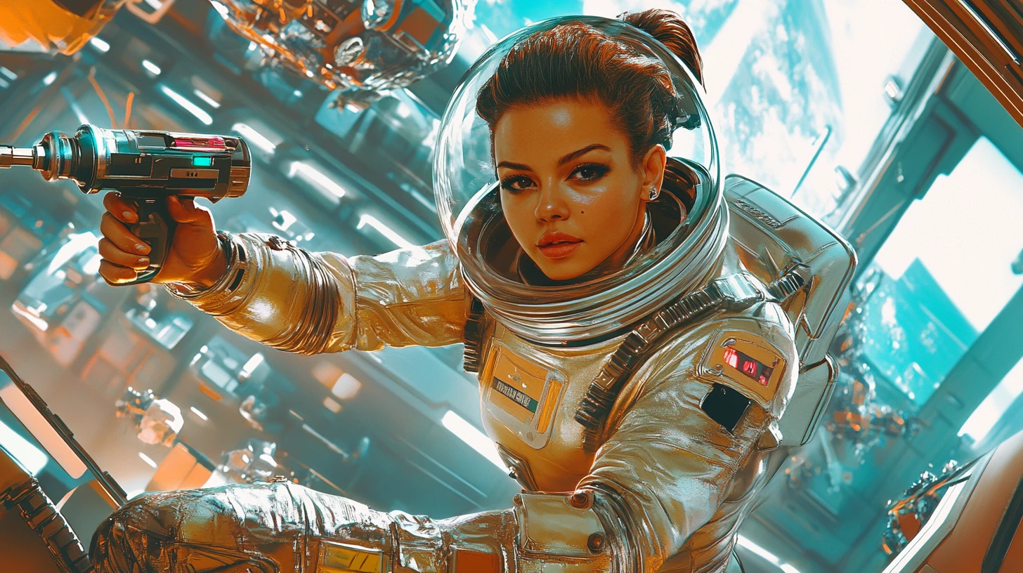 Retro-Sci-Fi Astronautin mit Bohrer in Raumstation