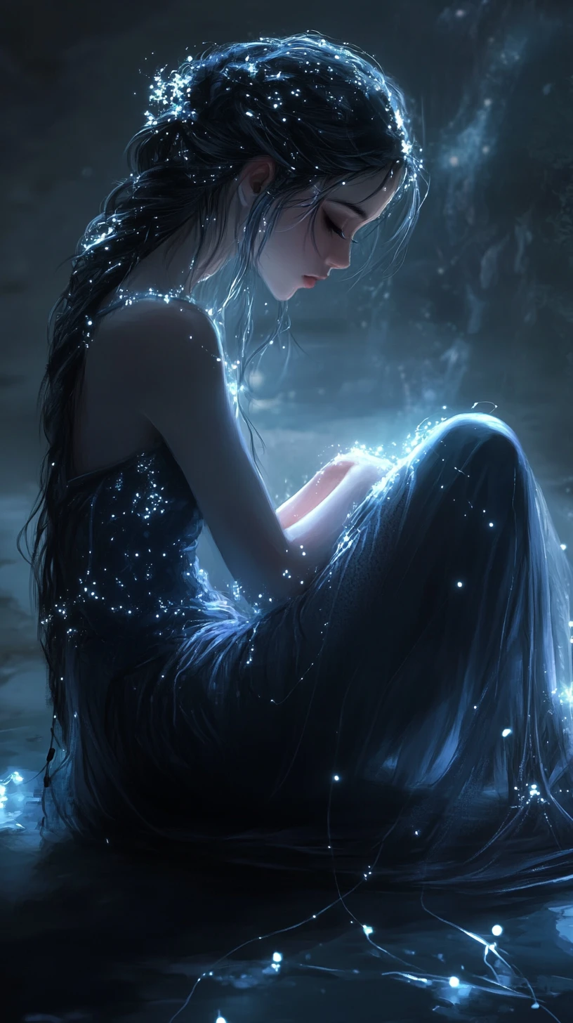 Fille d’anime contemplative illuminée par de délicates tresses lumineuses