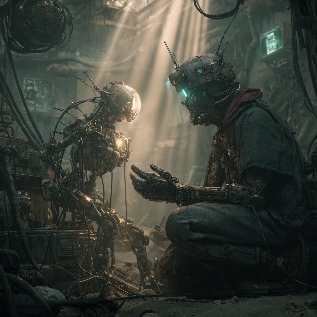 Engenheiro cyberpunk controlando um drone flutuante de reparo mecânico