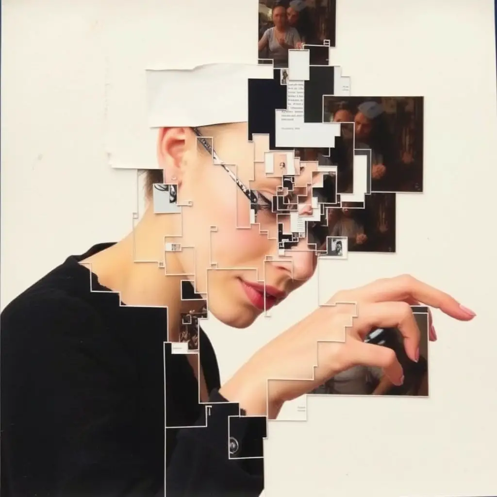Abstract collage guided by cryptic app diagrams and messages