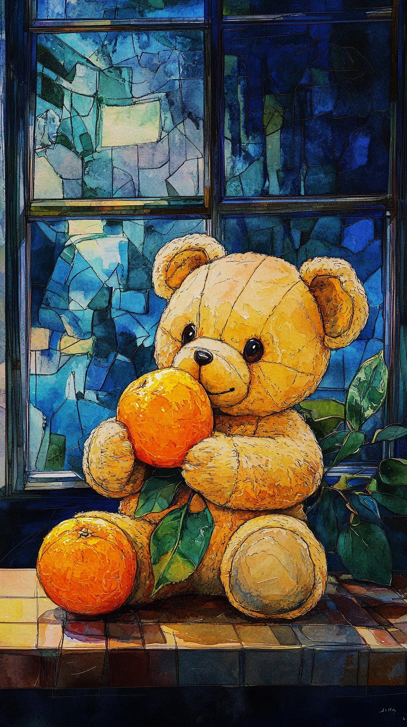 Urso de pelúcia chibi fofo com frutas cítricas na mesa da cozinha