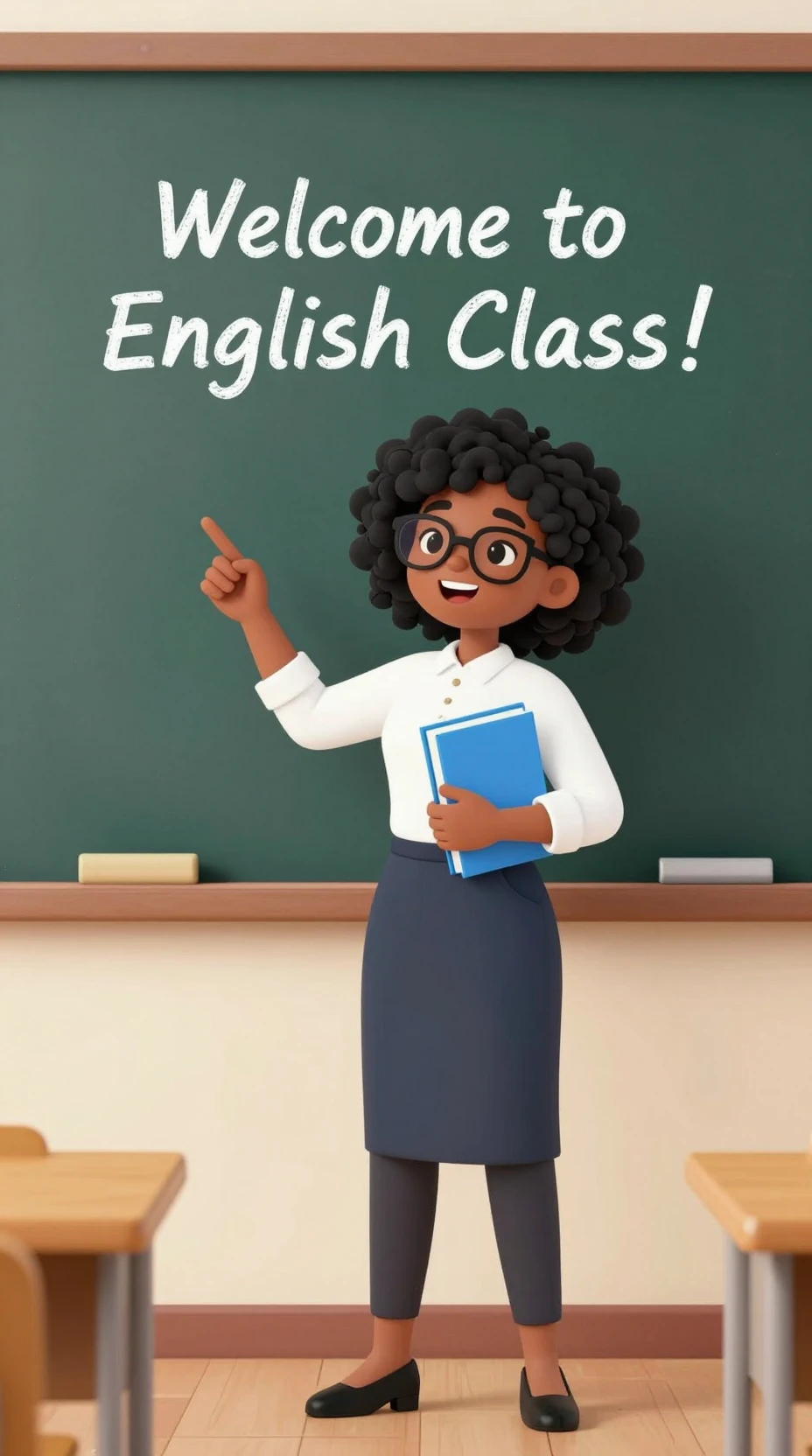 Maestra negra da la bienvenida a los alumnos a la clase de inglés