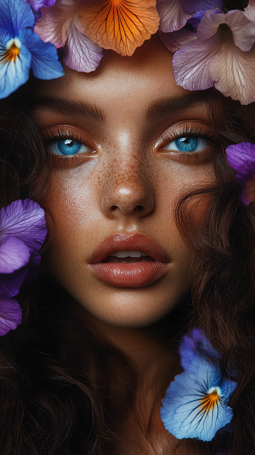 Ritratto femminile surreale con eterocromia e violette africane
