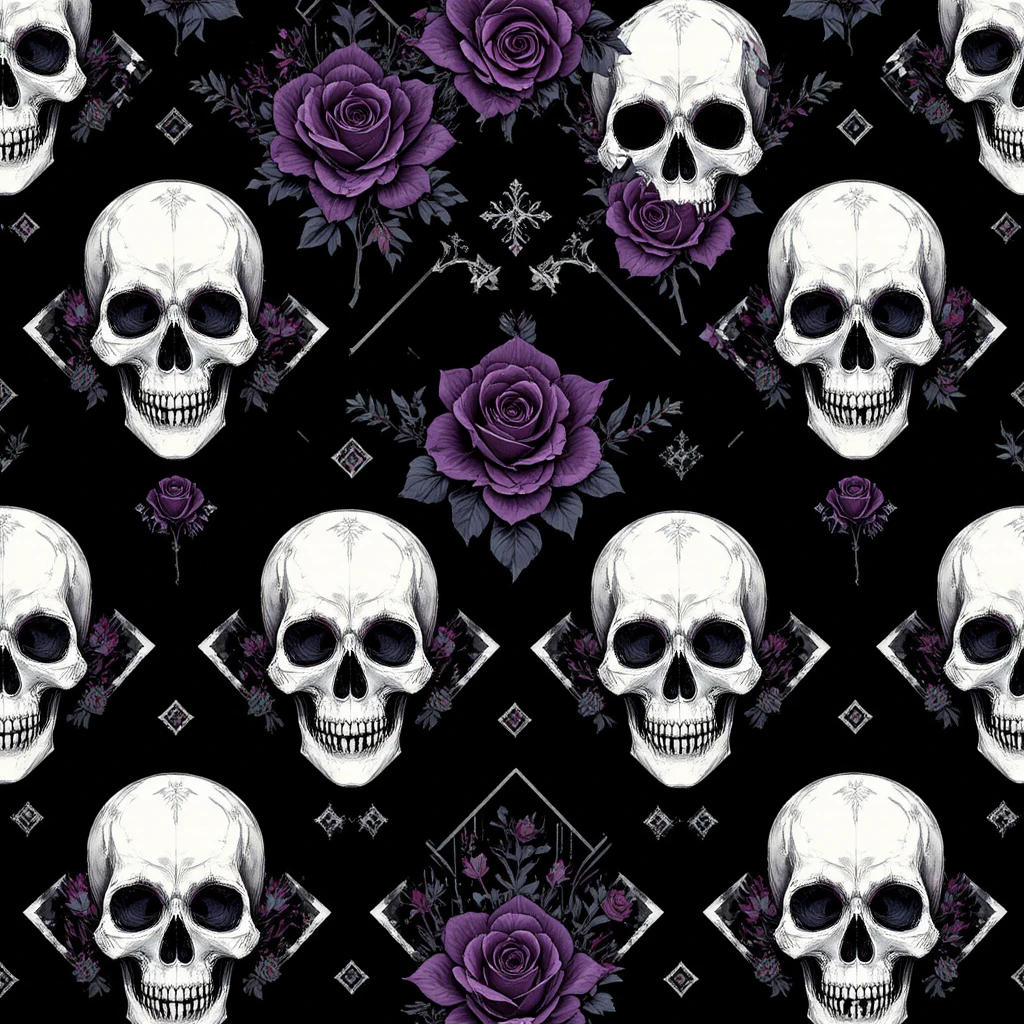 Motif gothique de crânes et roses violettes en grille de losanges