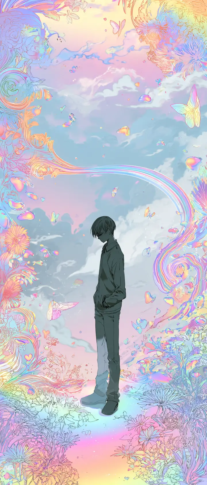 獨自站在超現實彩虹橋上的動漫男孩