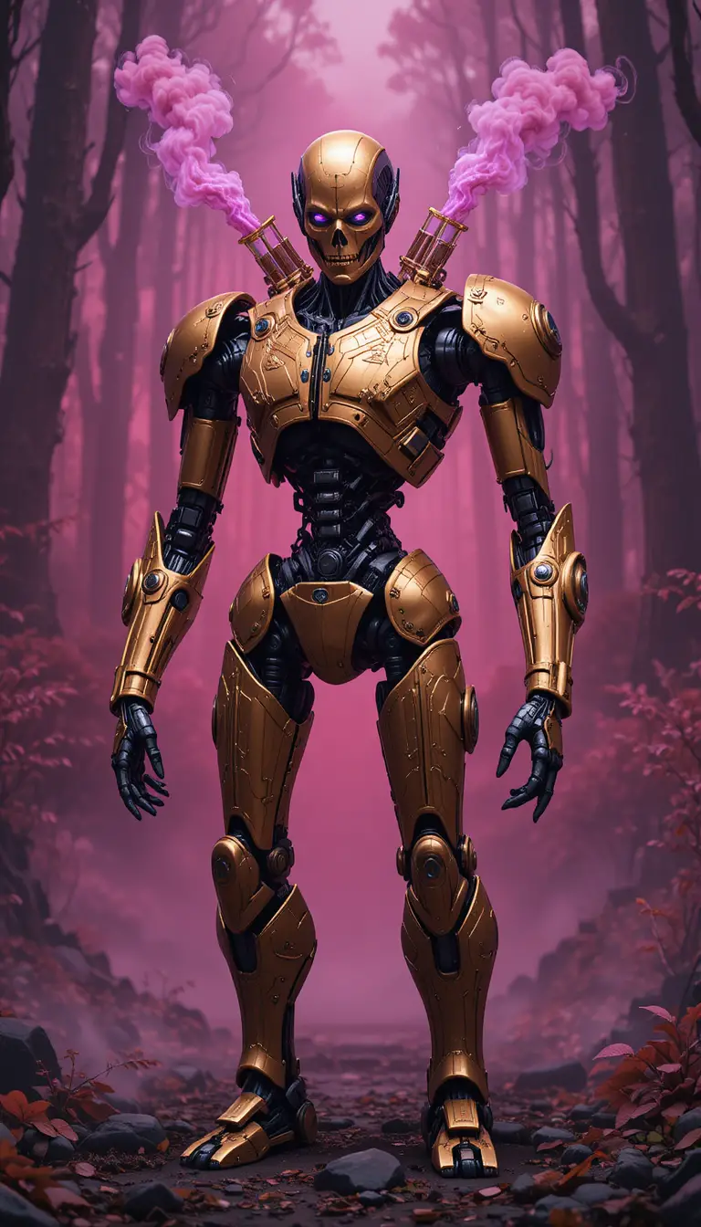 迷霧森林中的不對稱金色裝甲人形機器人