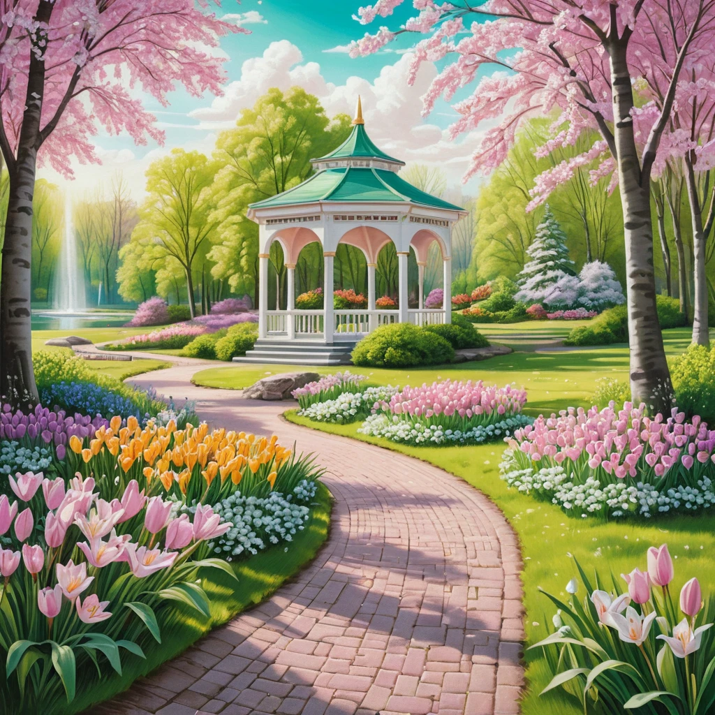 Spring park path with pavilion and blooming flowers
