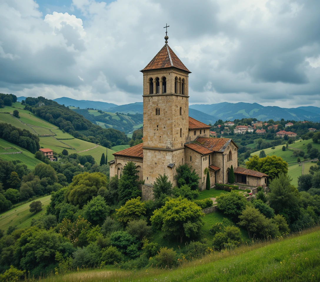 Medieval stone church tower in serene Italian countryside