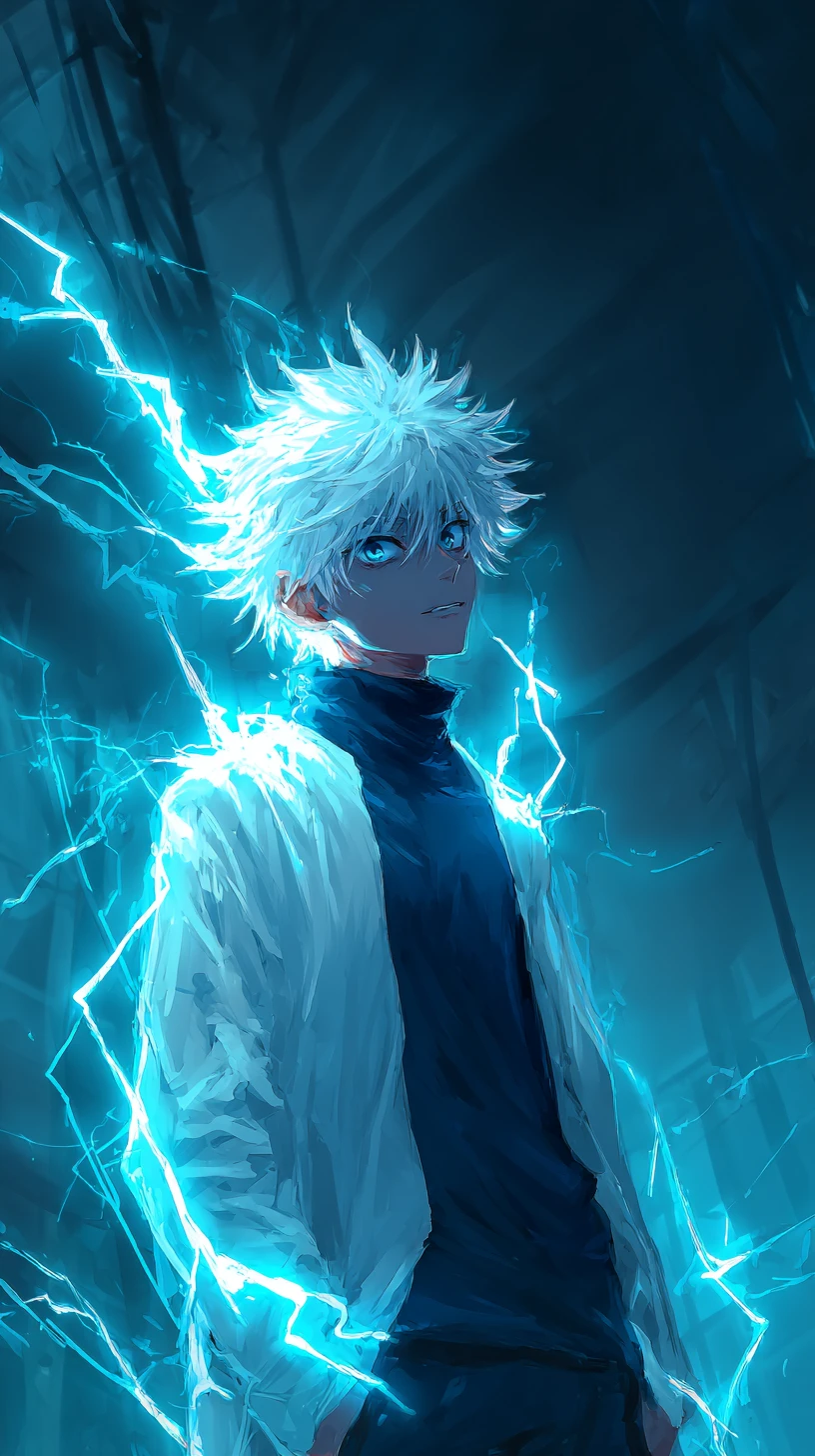 Garoto de anime com cabelo branco brilhante e raios elétricos