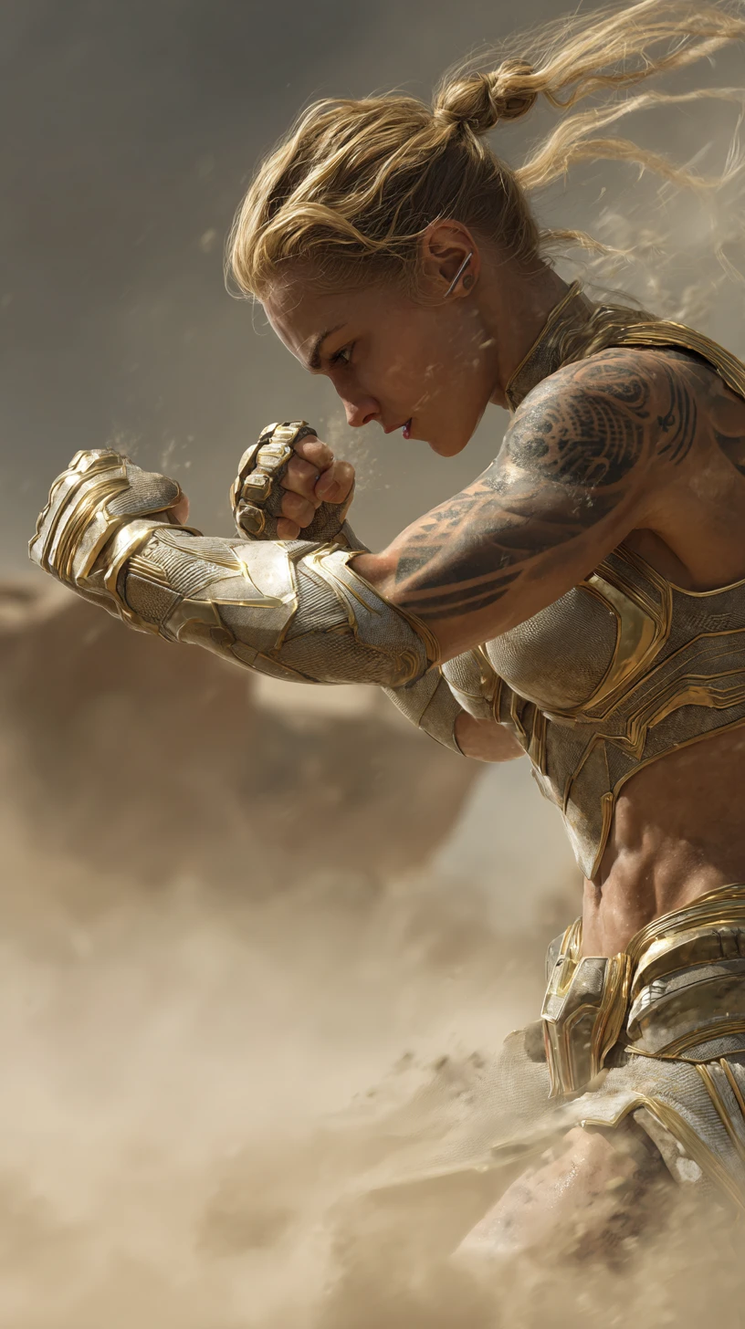 Guerrera lanzando un uppercut en un campo de batalla alienígena cinematográfico