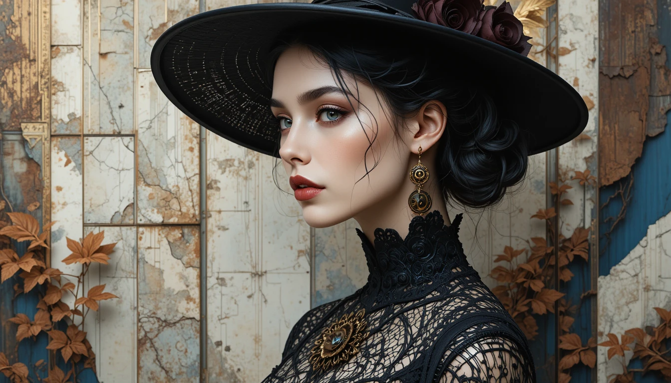 Donna gotica con cappello di pizzo nero in un ritratto nel parco autunnale