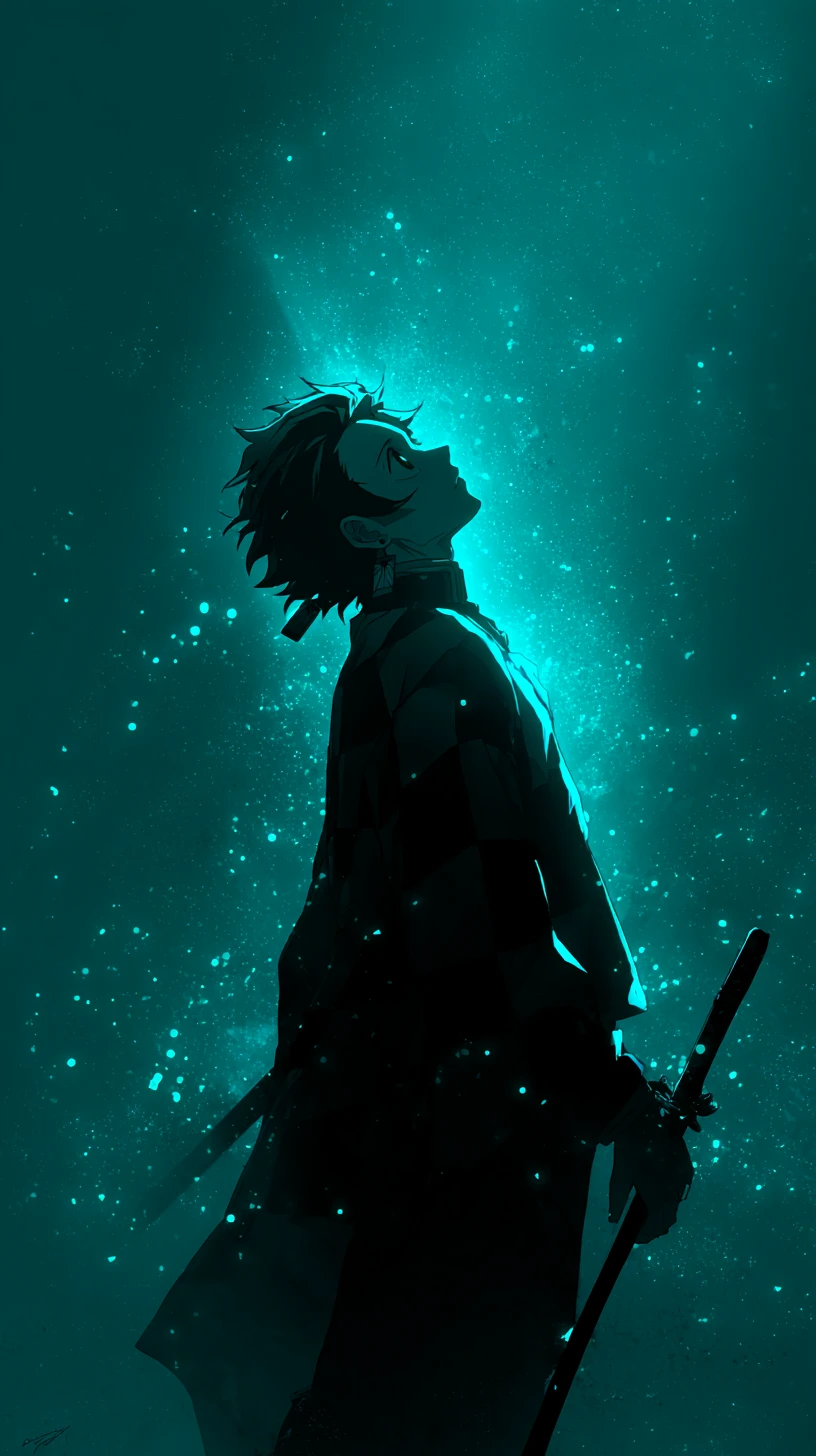 Espadachim de anime em perfil diante de um vazio cósmico azul-piscina cintilante