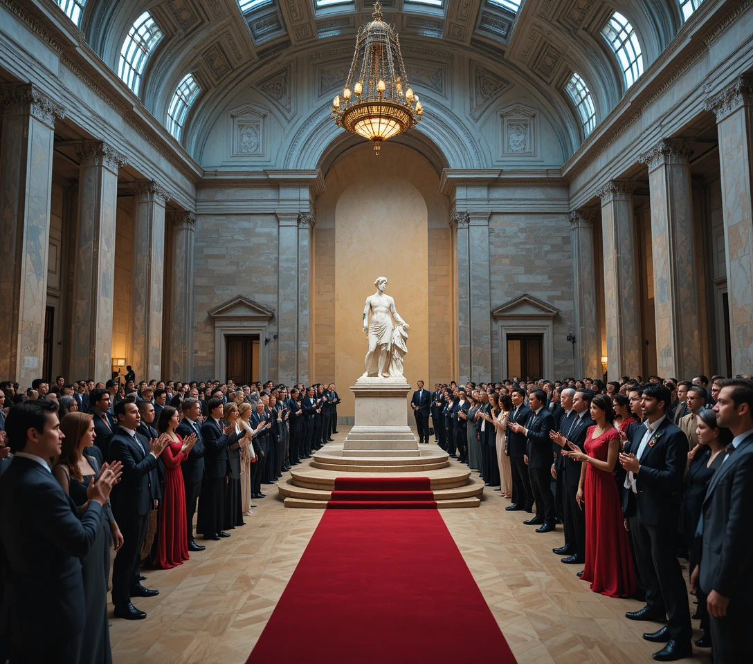 Elegante Museumshalle mit Marmorstatue und Abendpublikum