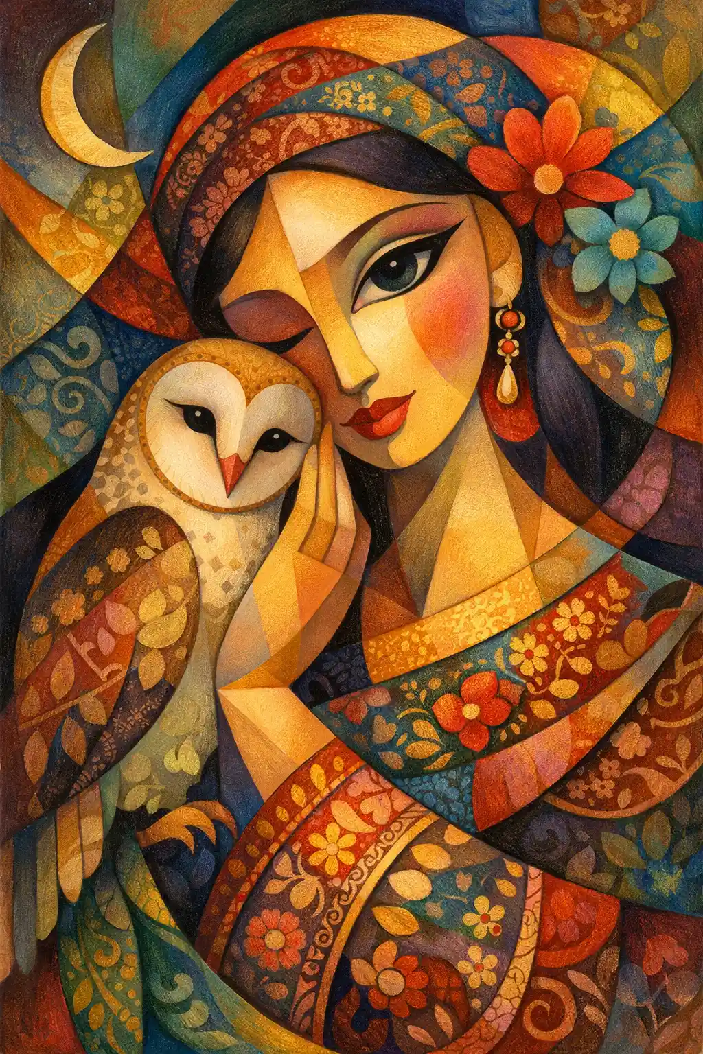 Abstract cubist portrait of a stylized feminine face