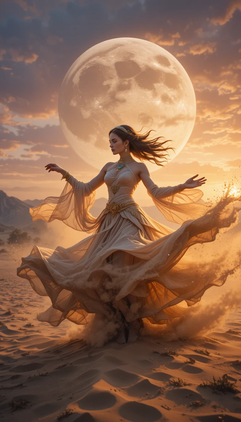 Danseuse du désert dans un tourbillon de sable doré au crépuscule mystique