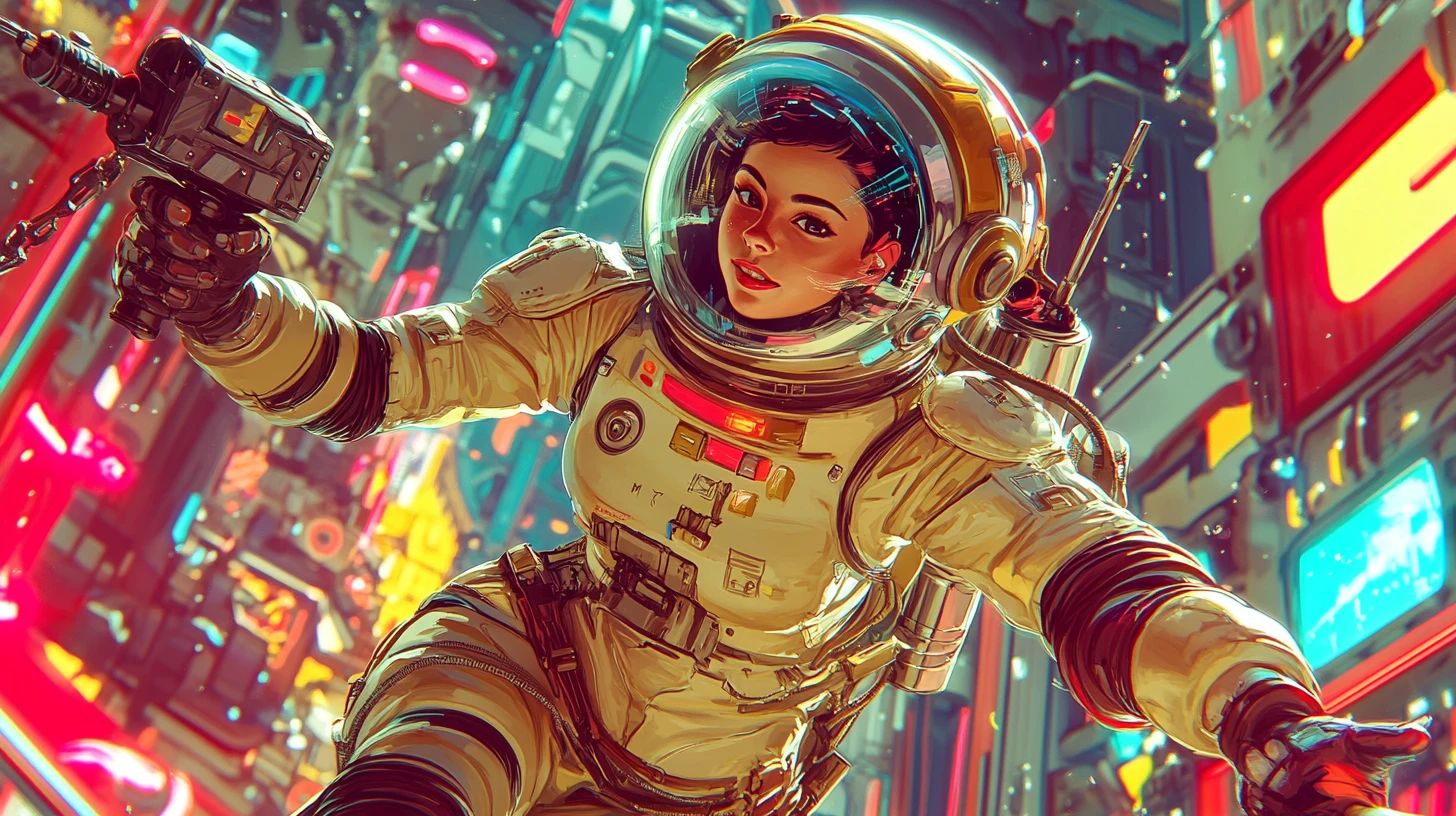 手持電鑽的豐滿女太空人 在復古太空站中