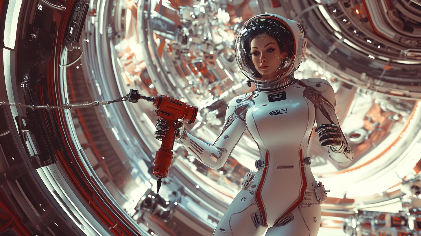 Astronaute femme flottant à l’intérieur d’une station spatiale rétro