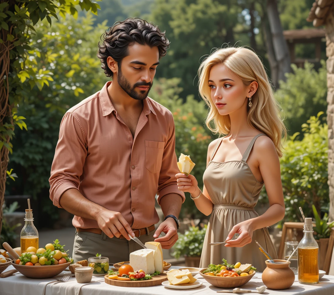 Pareja preparando comida juntos en una mesa de jardín al aire libre