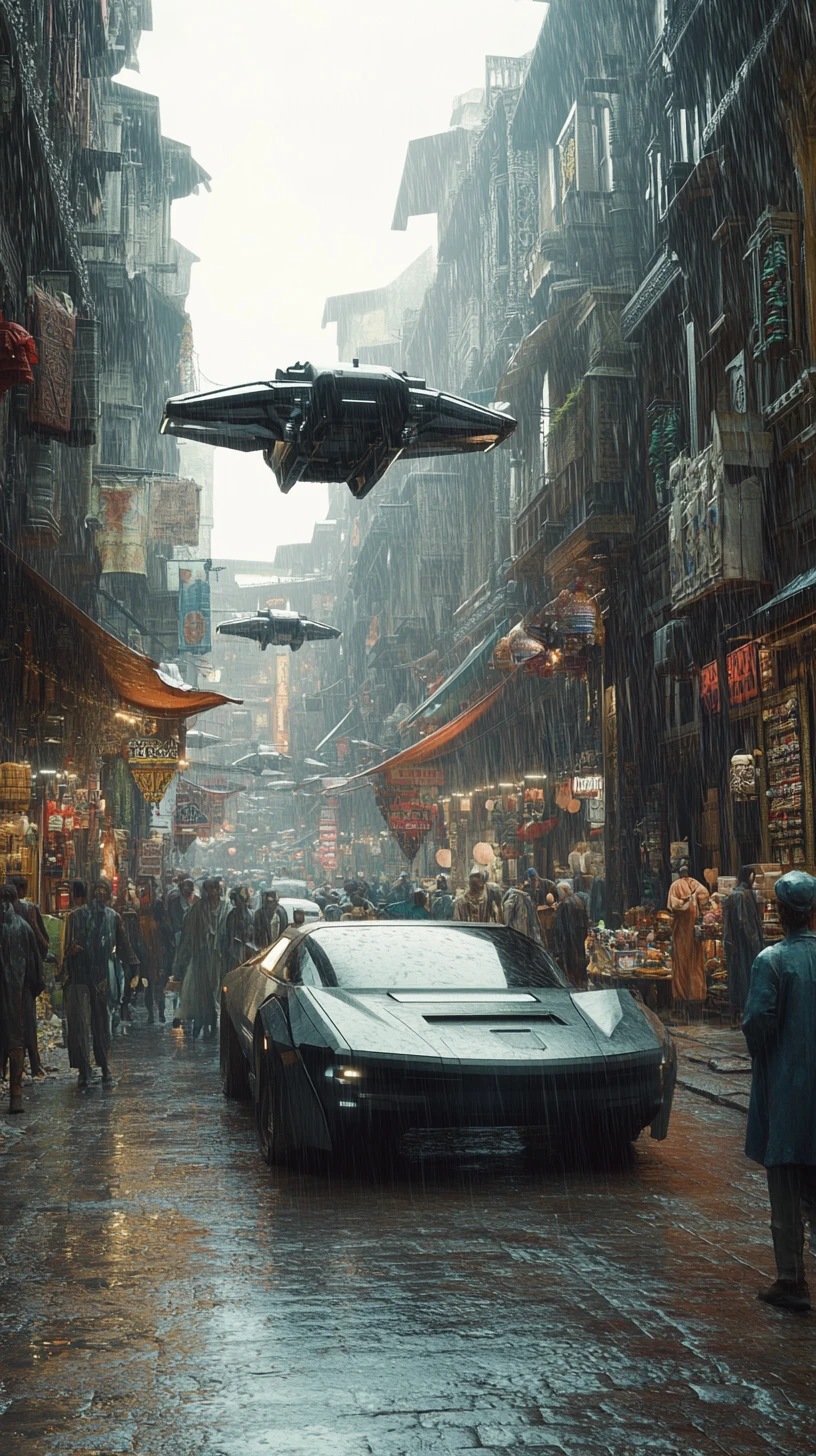 Young man in futuristic rainy city with flying cars