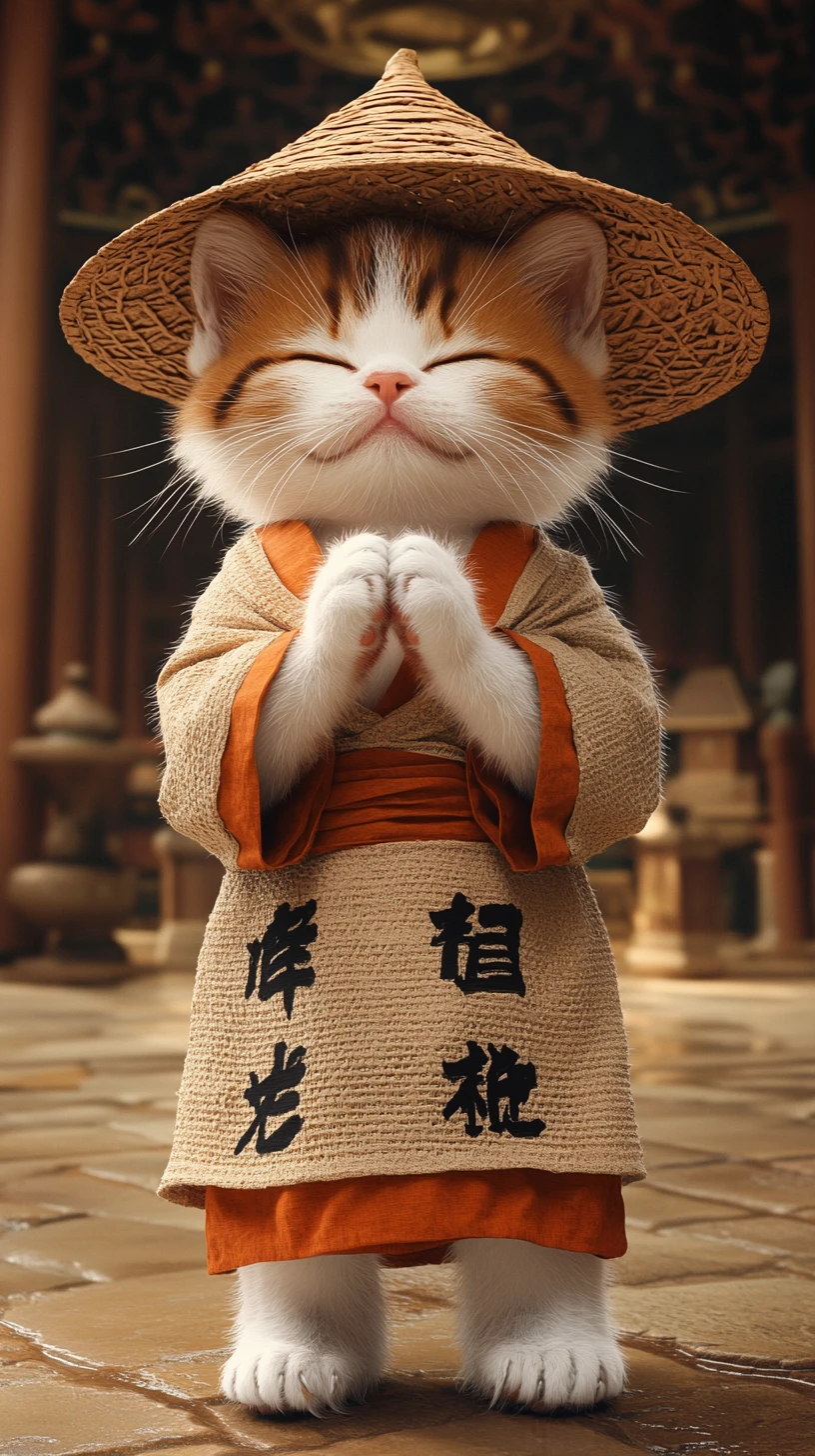 Sereno gatito monje de anime rezando dentro de un templo