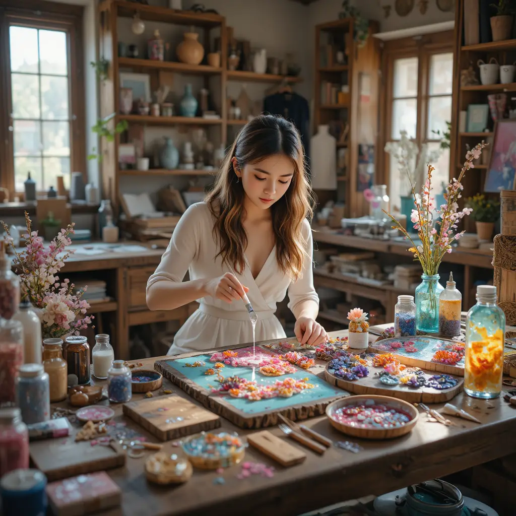 Giovane ragazza che crea arte in resina in uno studio accogliente