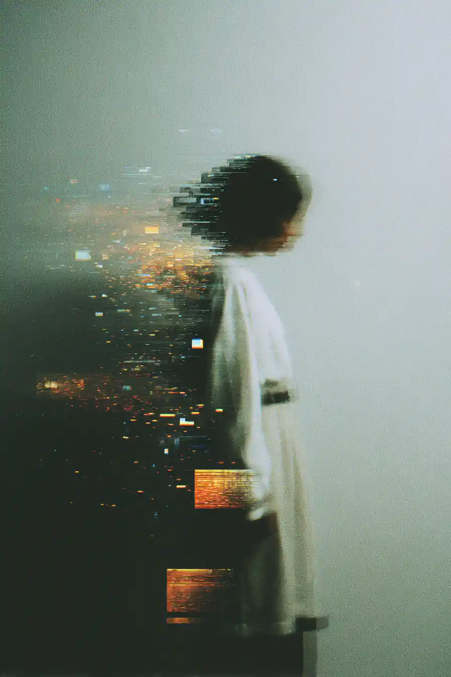 Surreal cinematic portrait of a dissolving woman in motion