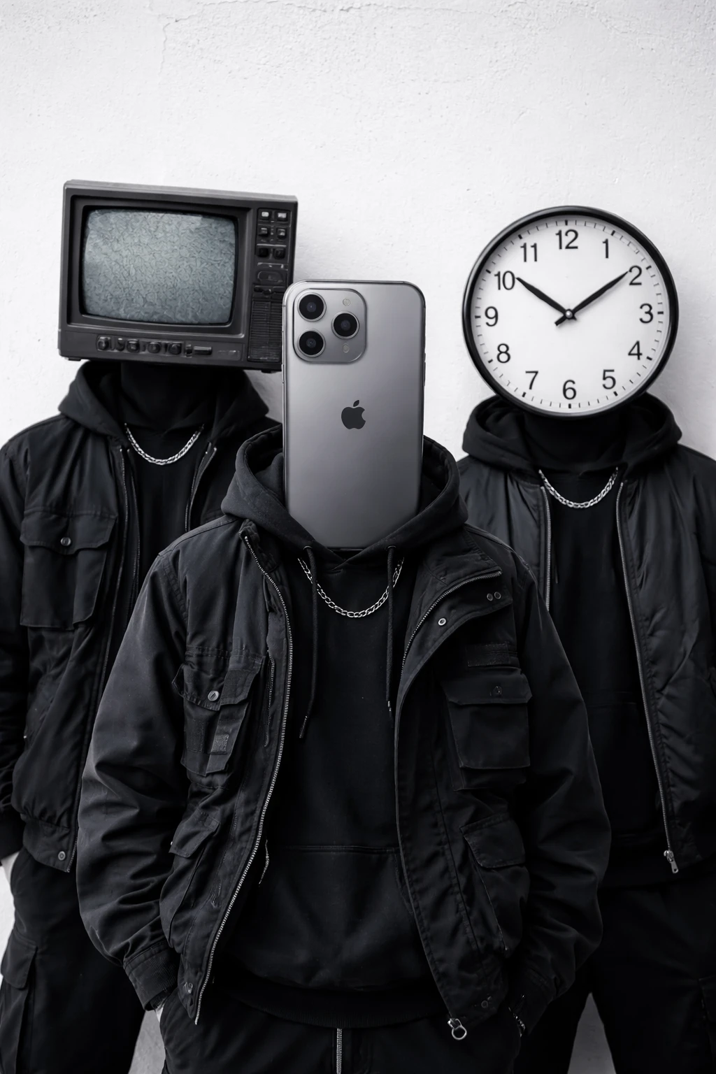 Tres figuras surrealistas con cabezas de objetos frente a una pared blanca