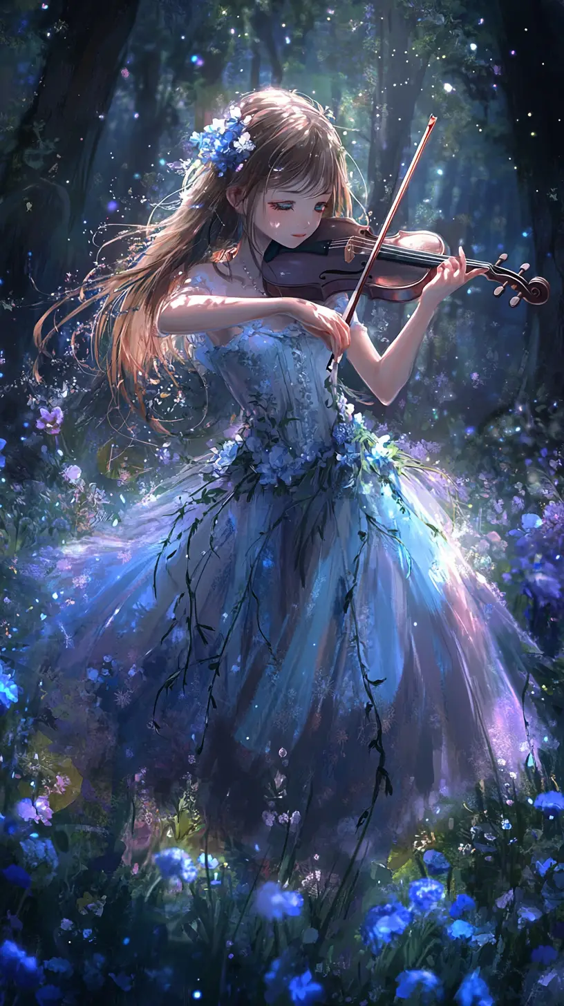 Anime girl playing violin in a glowing fantasy forest