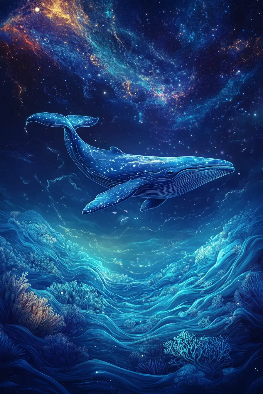 Baby whale drifting above surreal layered ocean waves