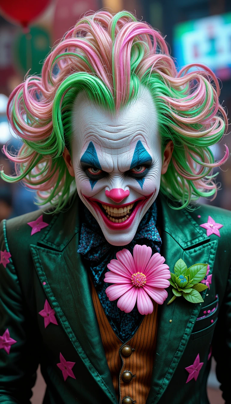 Palhaço ameaçador com cabelo verde e rosa na casa de diversões