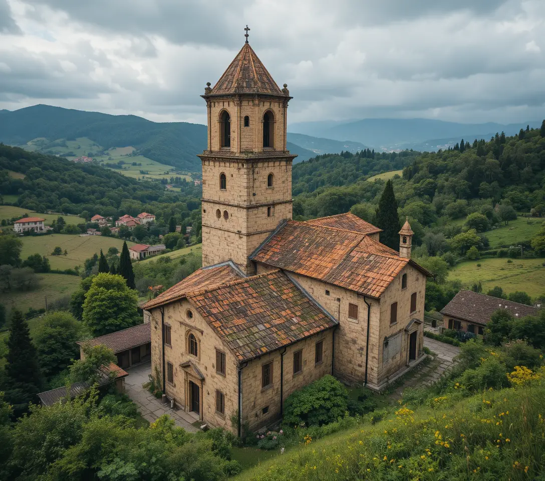 Tour d’église médiévale en pierre dans une paisible campagne italienne