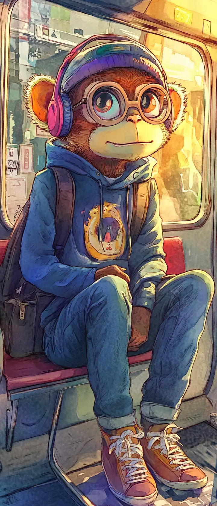 Allegra scimmia dei cartoni che viaggia su un vecchio treno al tramonto