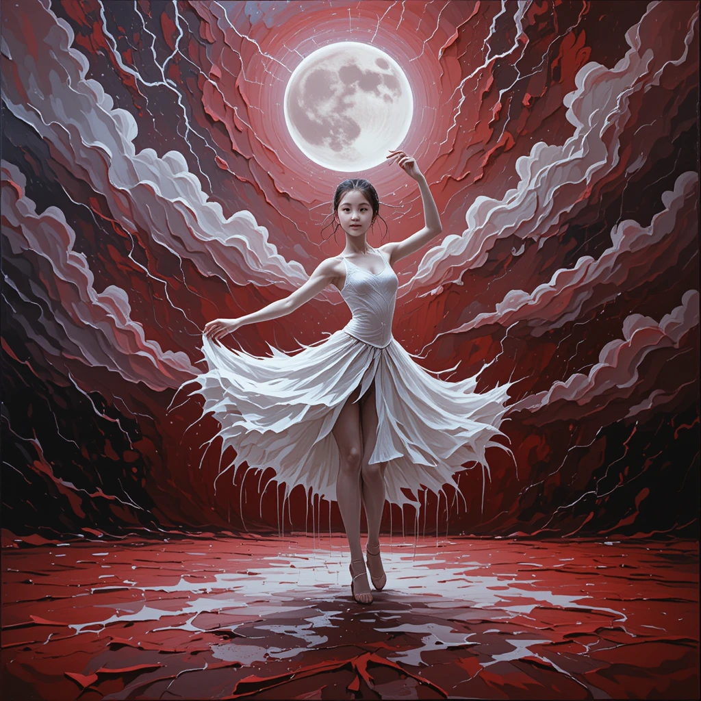 Bailarina pintada de blanco bajo luna creciente en un escenario tormentoso