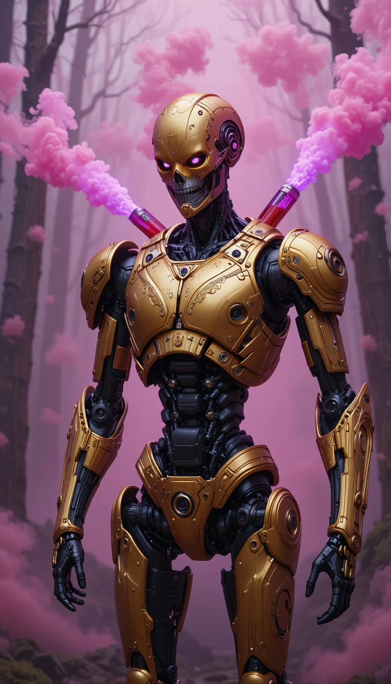 Robot humanoide blindado de oro en una inquietante niebla rosa del bosque
