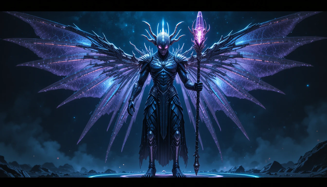 Majestuosa entidad alienígena con alas brillantes en el vacío cósmico