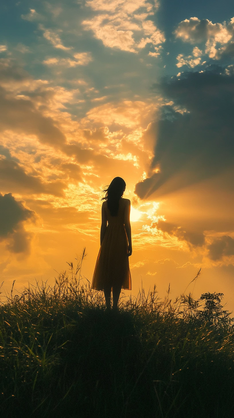 Woman on grassy ridge under radiant golden hour sky