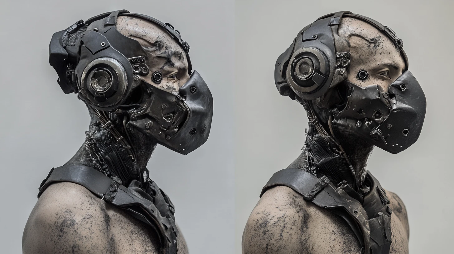 Ciborgue comandante cyberpunk com torso mecânico e máscara