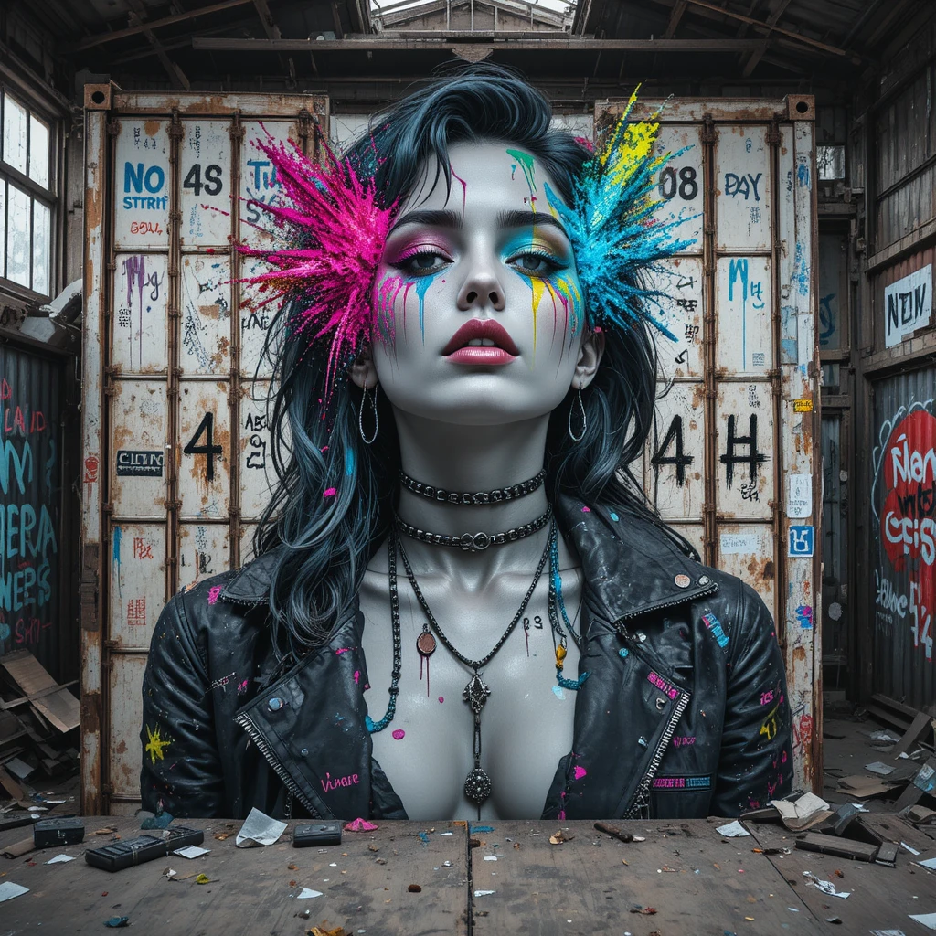 Glitch art mural of a neon splashed woman in warehouse