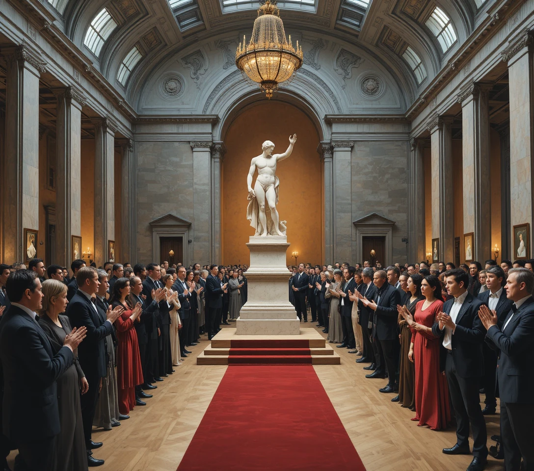 Elegant museum hall event with marble statue and guests