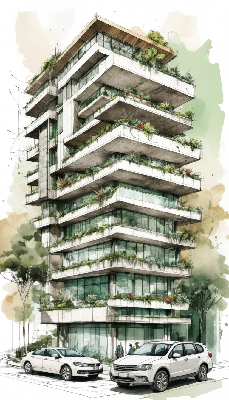 Quadro de conceito arquitetônico moderno com esboços de edifícios desenhados à mão